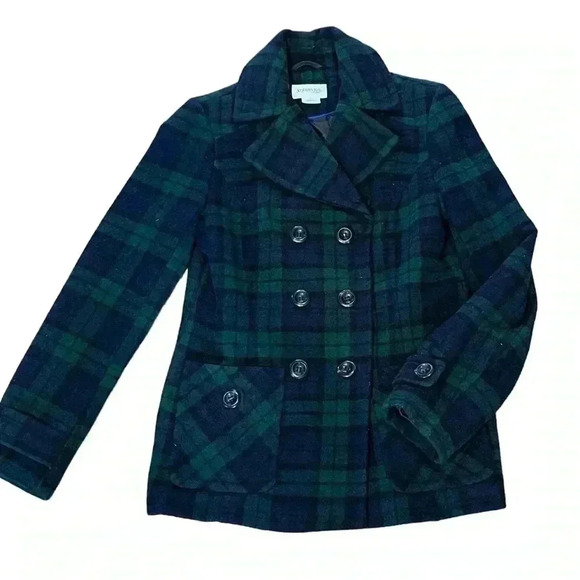 St. John's Bay Wool Tartan Plaid Peacoat in Navy and Green. Size Small. - Picture 6 of 10